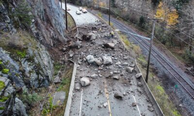 Highway 7 has been closed in both directions near Hope due to a rockslide Nov. 15, 2024, the Lower Mainland District says.