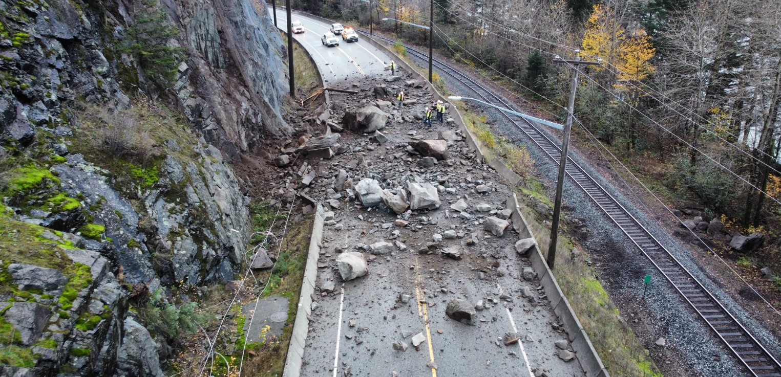 Highway 7 has been closed in both directions near Hope due to a rockslide Nov. 15, 2024, the Lower Mainland District says.