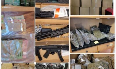 A photo collage of seized items including cannabis, weapons, and cash