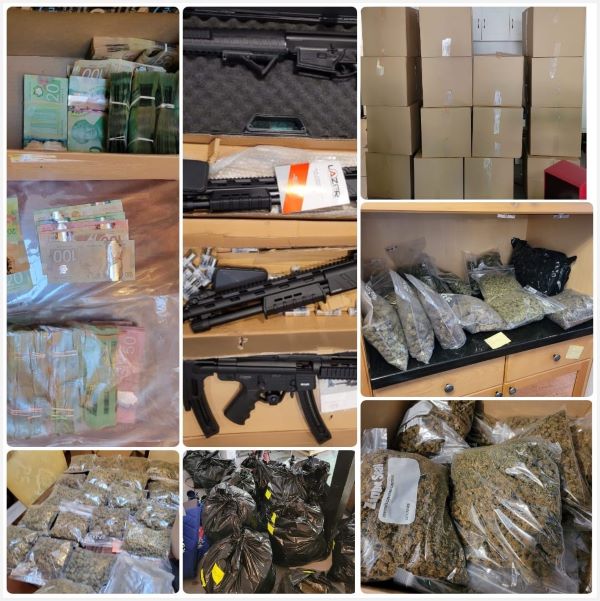 A photo collage of seized items including cannabis, weapons, and cash