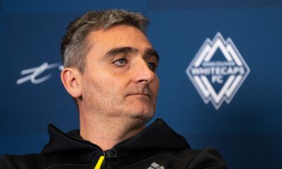 Vancouver Whitecaps FC Head Coach Vanni Sartini looks on during an end-of-season news conference in Vancouver, on Tuesday, Nov. 7, 2023