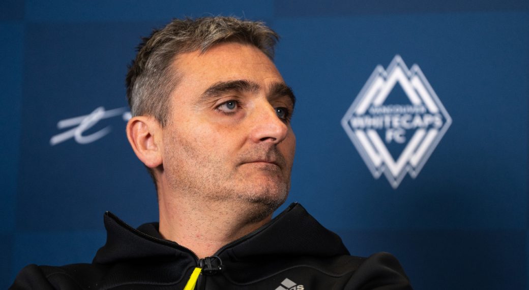 Vancouver Whitecaps FC Head Coach Vanni Sartini looks on during an end-of-season news conference in Vancouver, on Tuesday, Nov. 7, 2023