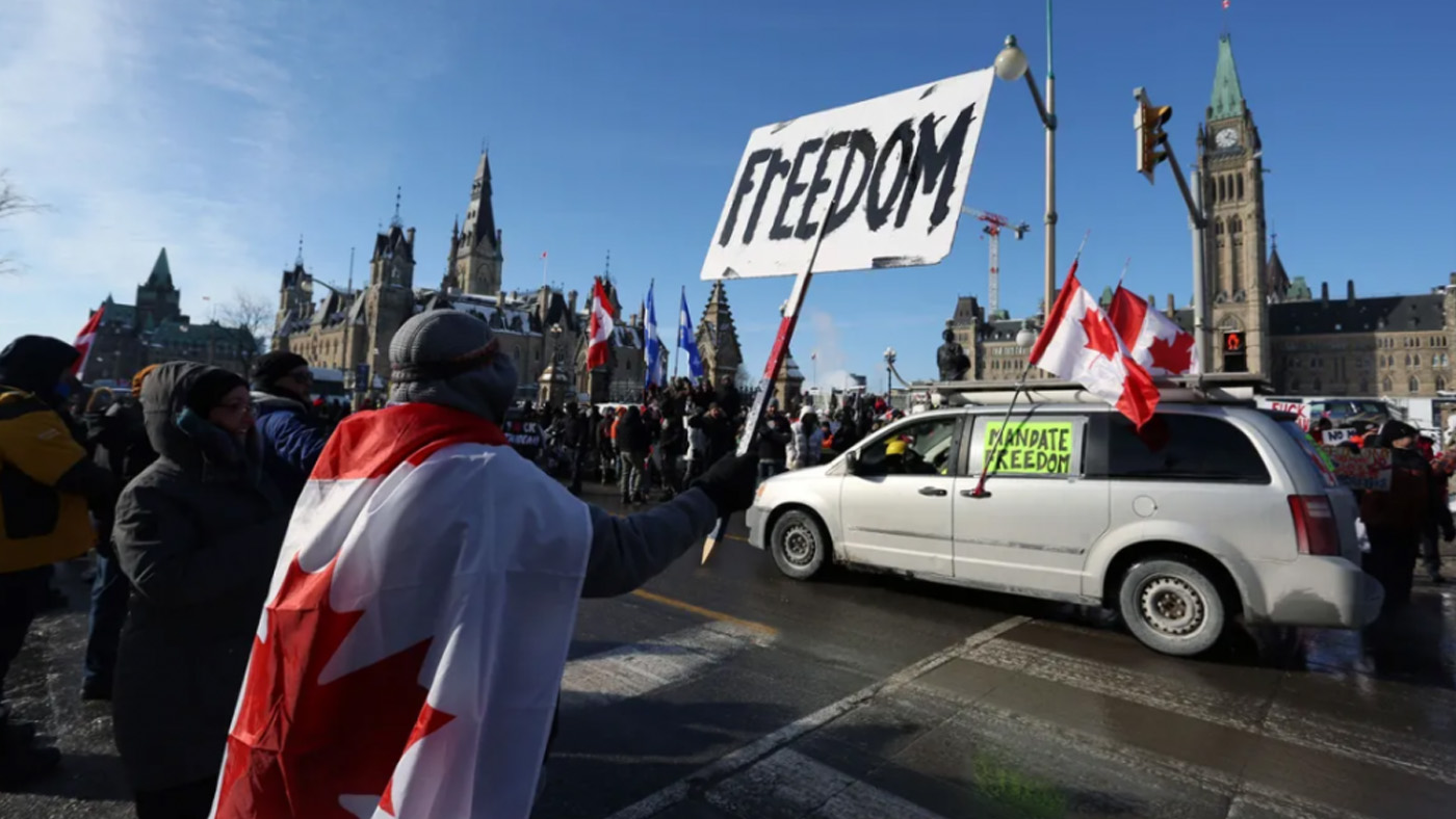 Supporters of the Freedom Convoy protest against COVID-19 vaccine mandates and restrictions