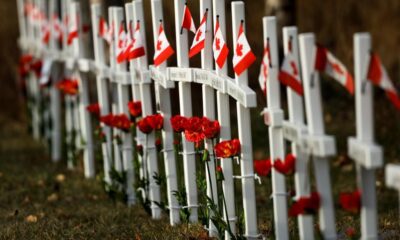 Sunlight highlights crosses adorned with poppy flowers and Canadian flags at the Field of Crosses in Calgary