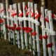 Sunlight highlights crosses adorned with poppy flowers and Canadian flags at the Field of Crosses in Calgary