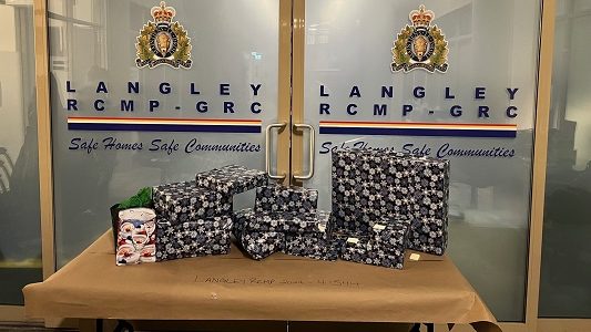 Wrapped gifts on a table in Langley RCMP headquarters