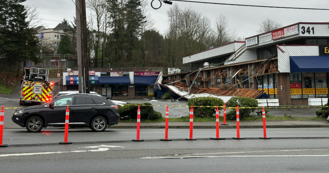 Extensive damage to the plaza at 341 North Road is visible following an incident Dec. 29, 2024.