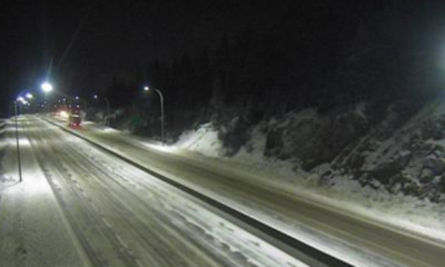 Snow can be seen on the Coquihalla Highway about 61 km south of Merritt just before 7:30 p.m. on Dec. 7, 2024.