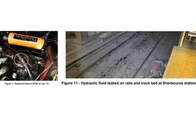 Photos show a damaged hose on a TTC maintenance vehicle and hydraulic fluid on tracks and the track bed at Sherbourne station.