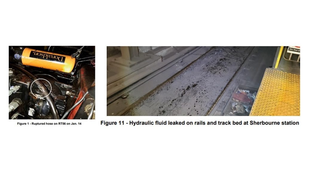 Photos show a damaged hose on a TTC maintenance vehicle and hydraulic fluid on tracks and the track bed at Sherbourne station.