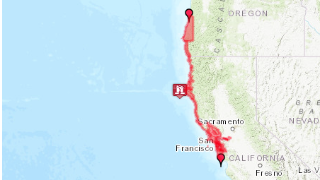 Map of affected areas in California and Oregon