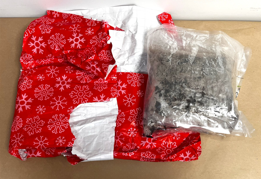 A package of methamphetamine removed from Christmas gift-wrapping