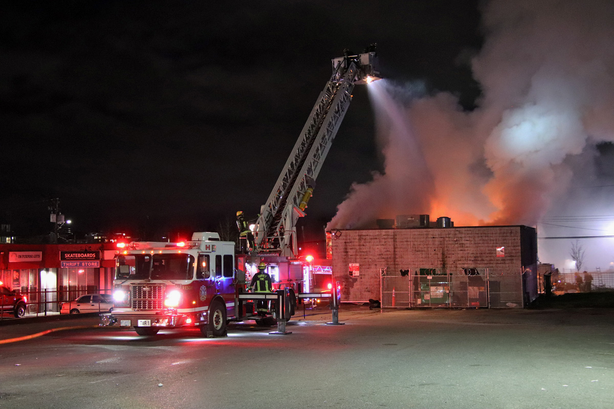 It appears that at least three businesses have been badly damaged after a late-night fire in Surrey on Wednesday. (Credit Shane MacKichan)