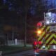 A fire engine is visible at the site of a fire in a condo building in Surrey on April 25, 2025.