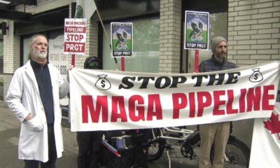 A sit-in protest against the Prince Rupert Gas Transmission Project was staged outside of B.C. Premier David Eby's constituency office in Point Grey on May 16, 2025.