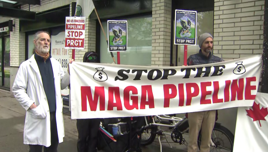 A sit-in protest against the Prince Rupert Gas Transmission Project was staged outside of B.C. Premier David Eby's constituency office in Point Grey on May 16, 2025.