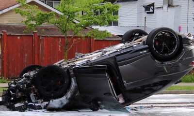 Police were called to the intersection of 96th Avenue and 161A Street in Surrey just after 4 p.m., where they found two cars that had crashed, one of which was upside down and on fire.