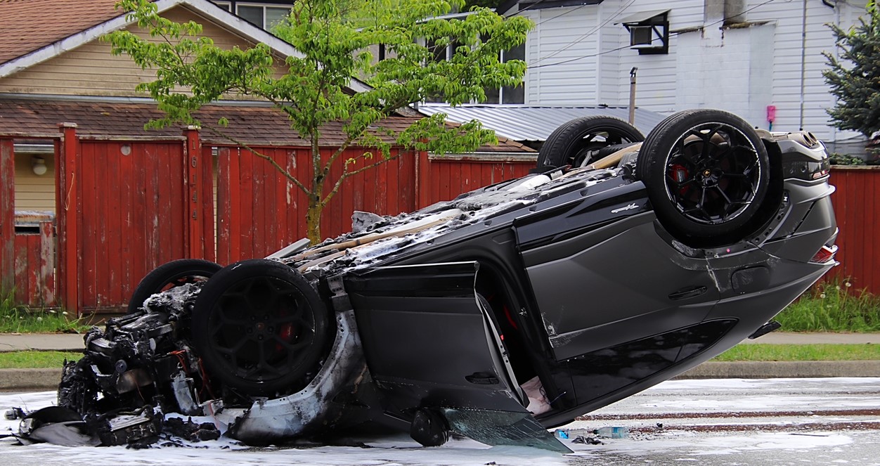 Police were called to the intersection of 96th Avenue and 161A Street in Surrey just after 4 p.m., where they found two cars that had crashed, one of which was upside down and on fire.