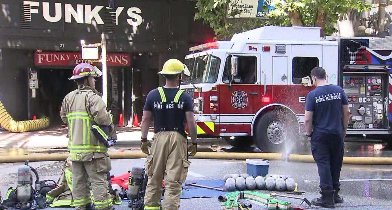 Crews battled a blaze at Vancouver's Funky Winker Beans pub and a nearby SRO July 17, 2025.