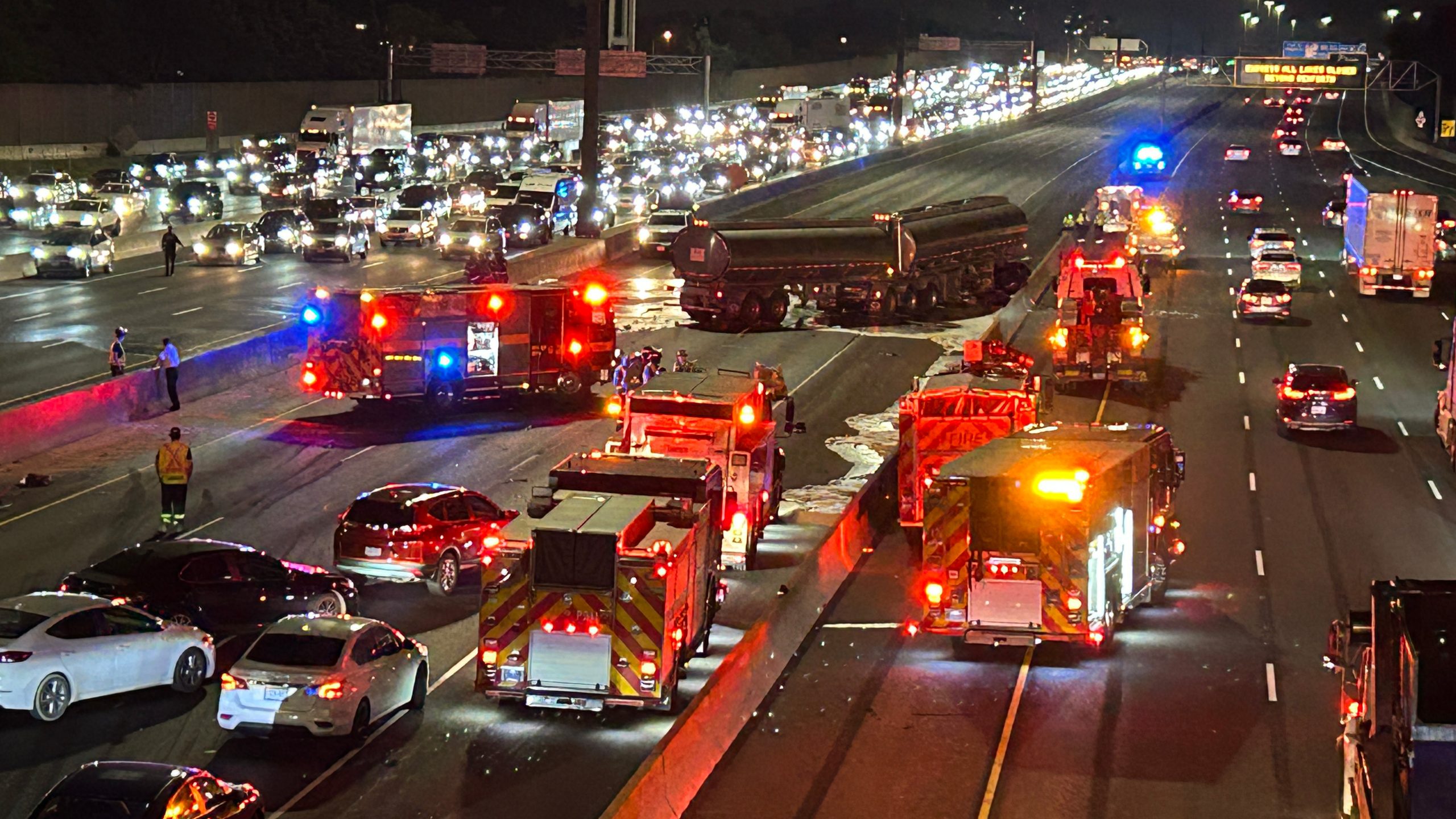 Multi-vehicle crash involving tanker-truck closes eastbound and westbound express lanes on Highway 401 near Avenue Road.